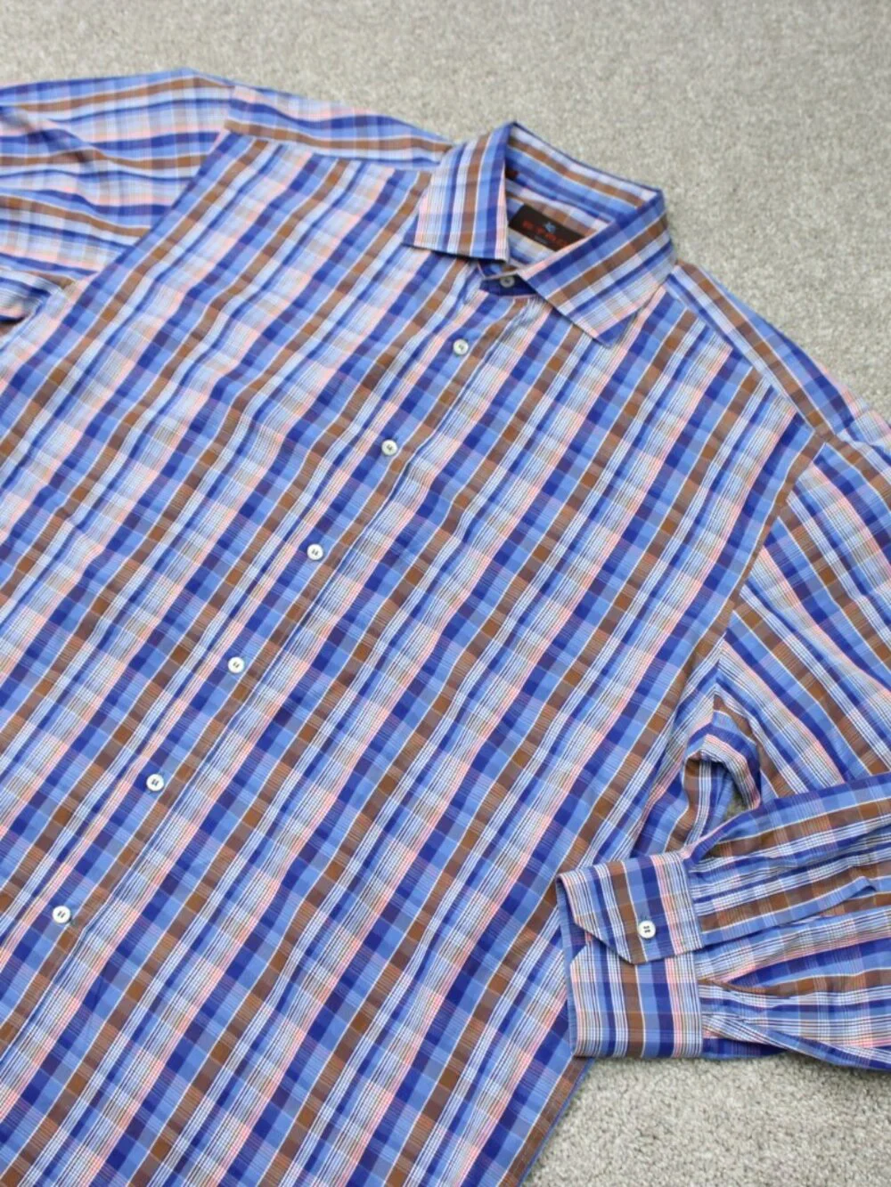 ETRO Milano Shirt Mens 44, XL Blue/Pink Check 100% Cotton Long Sleeve Button